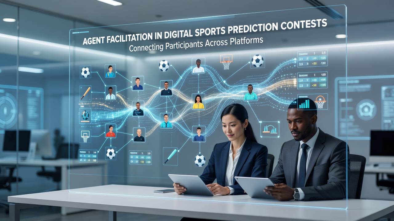 Network diagram illustrating agent nodes connecting separate sports prediction platforms and participant groups