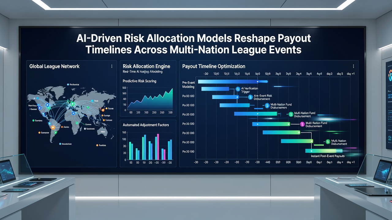 Global league event dashboard displaying AI-optimized payout timelines and risk metrics