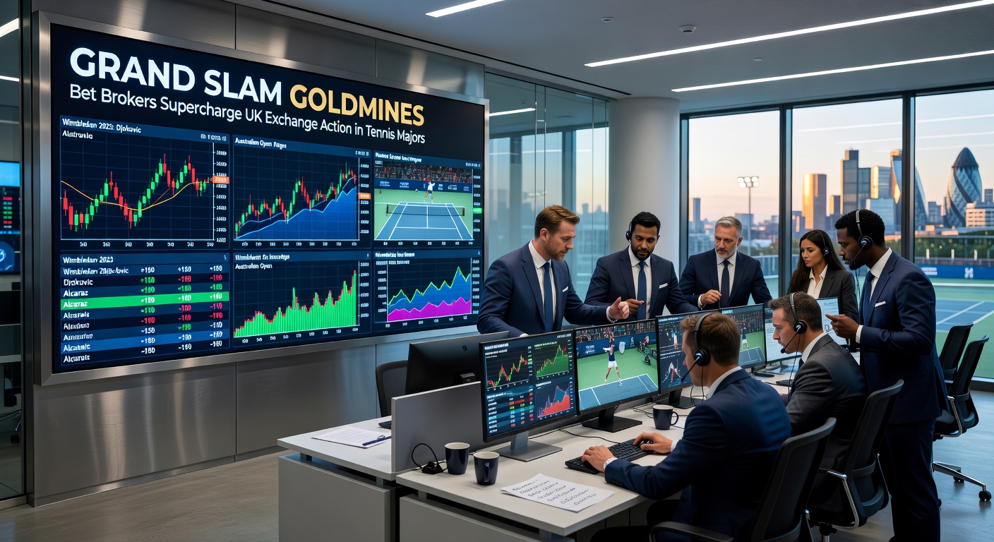 Dynamic graph overlay on a packed Grand Slam stadium, illustrating explosive betting exchange volume spikes and broker liquidity flows during key matches