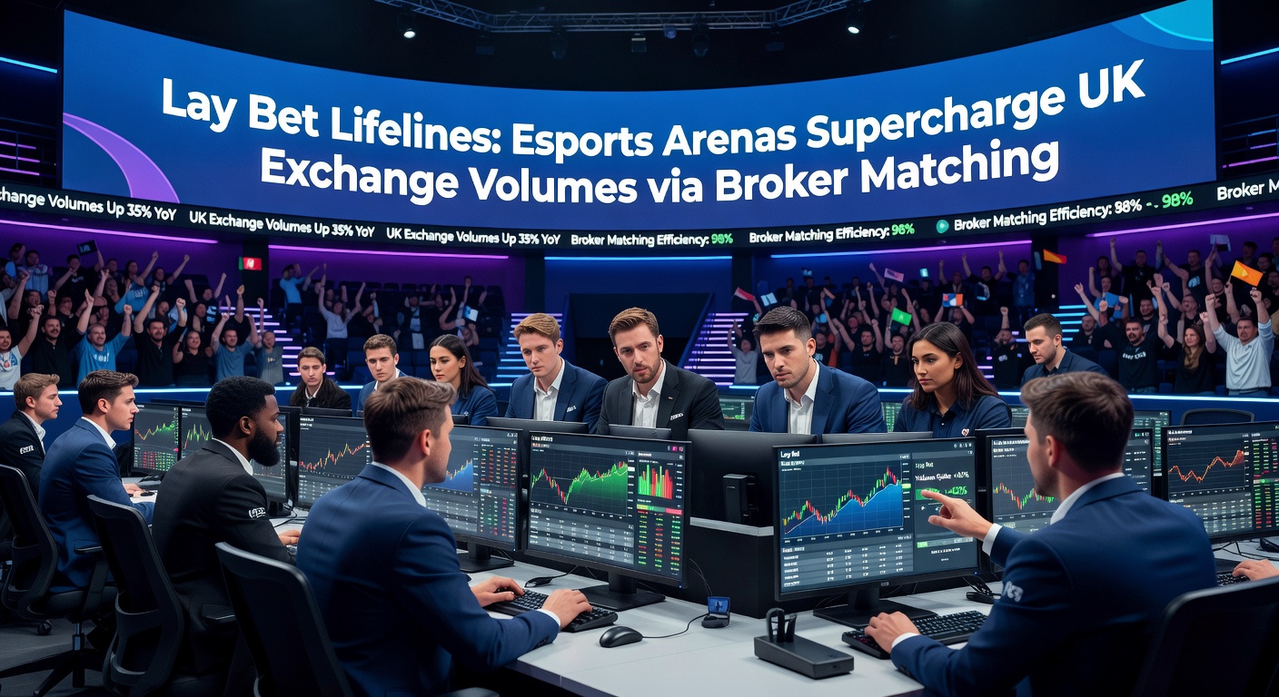 Dynamic chart showing skyrocketing UK exchange volumes during an esports tournament, overlaid with broker matching flows and lay bet icons