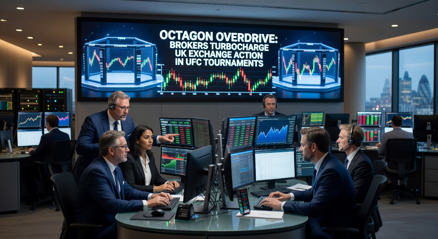 Chart displaying skyrocketing liquidity graphs for UFC events on UK exchanges, with broker icons highlighting volume peaks during key fights