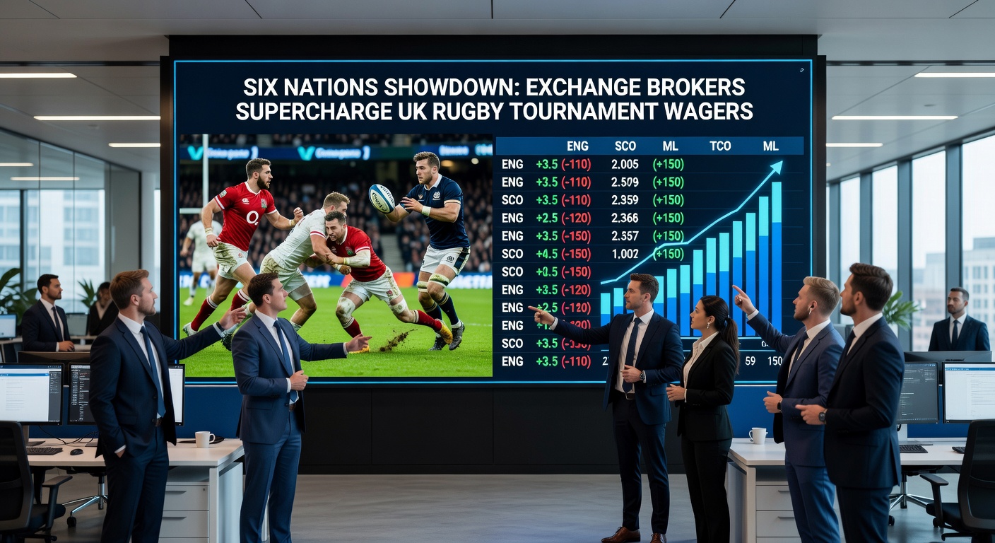 Digital trading dashboard displaying live Six Nations odds fluctuations and surging exchange liquidity graphs