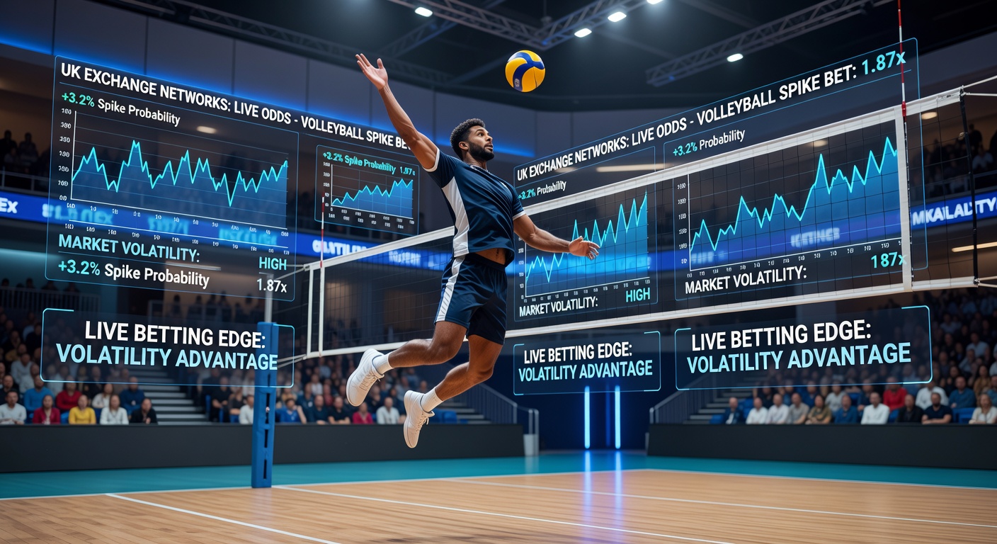 Traders monitoring live volleyball odds on a UK exchange dashboard, with volatility graphs showing sharp spikes during key rallies
