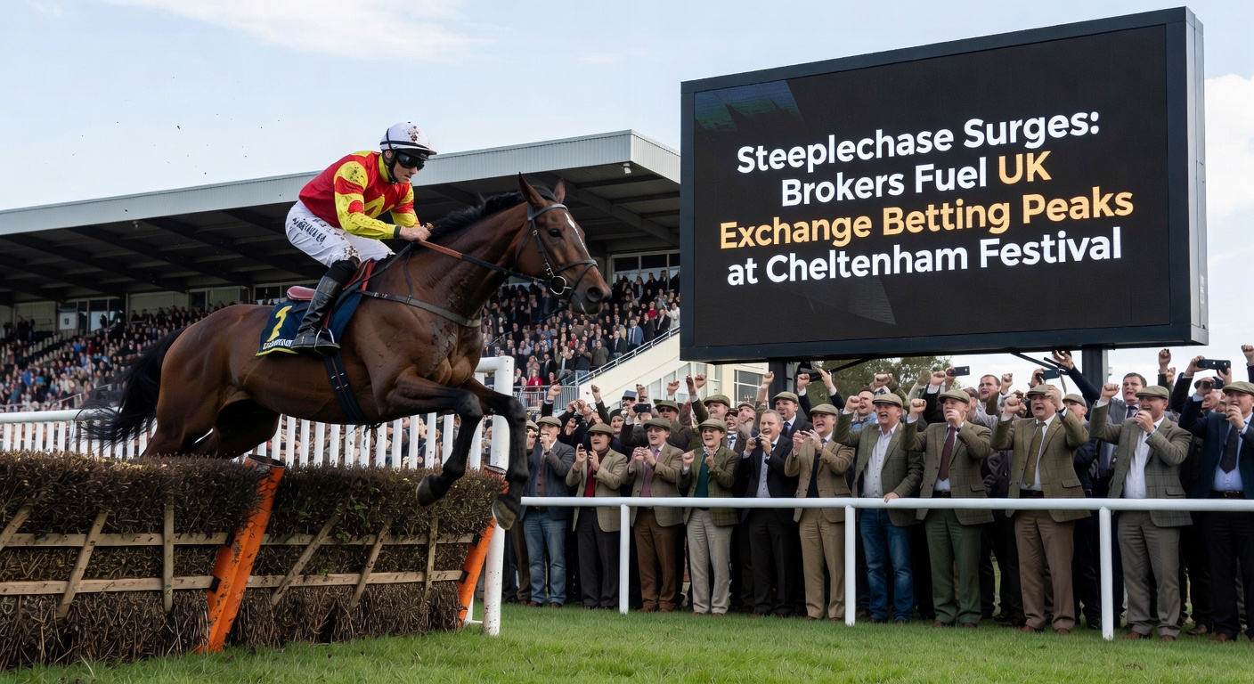 Close-up of jockeys navigating a steeplechase fence at Cheltenham Festival, spray flying from hooves in high-stakes race