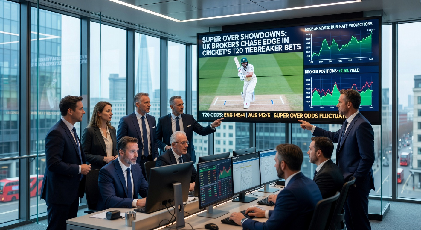 Graph showing explosive betting volume spikes during T20 Super Overs on UK exchanges, with peaks marked for IPL 2026 matches
