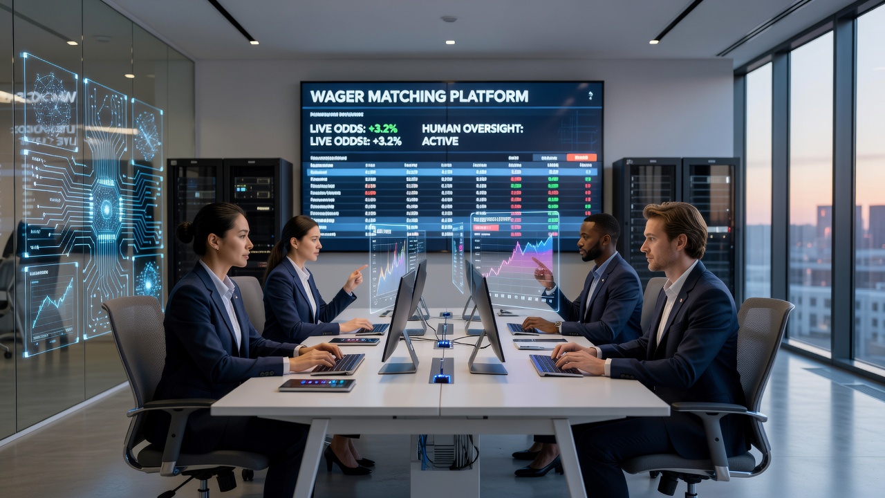 Team of analysts reviewing wager matching data on multiple screens in a control room setting