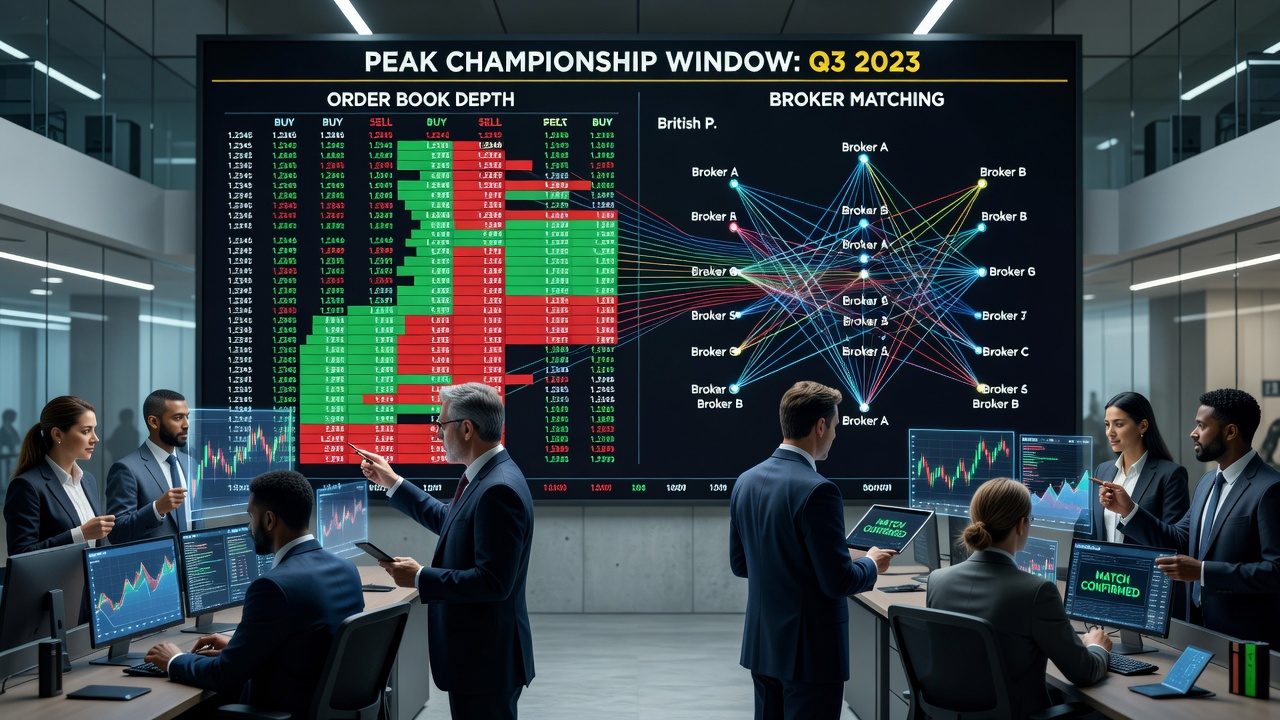 Broker dashboard displaying real-time order matching and depth metrics during a championship event